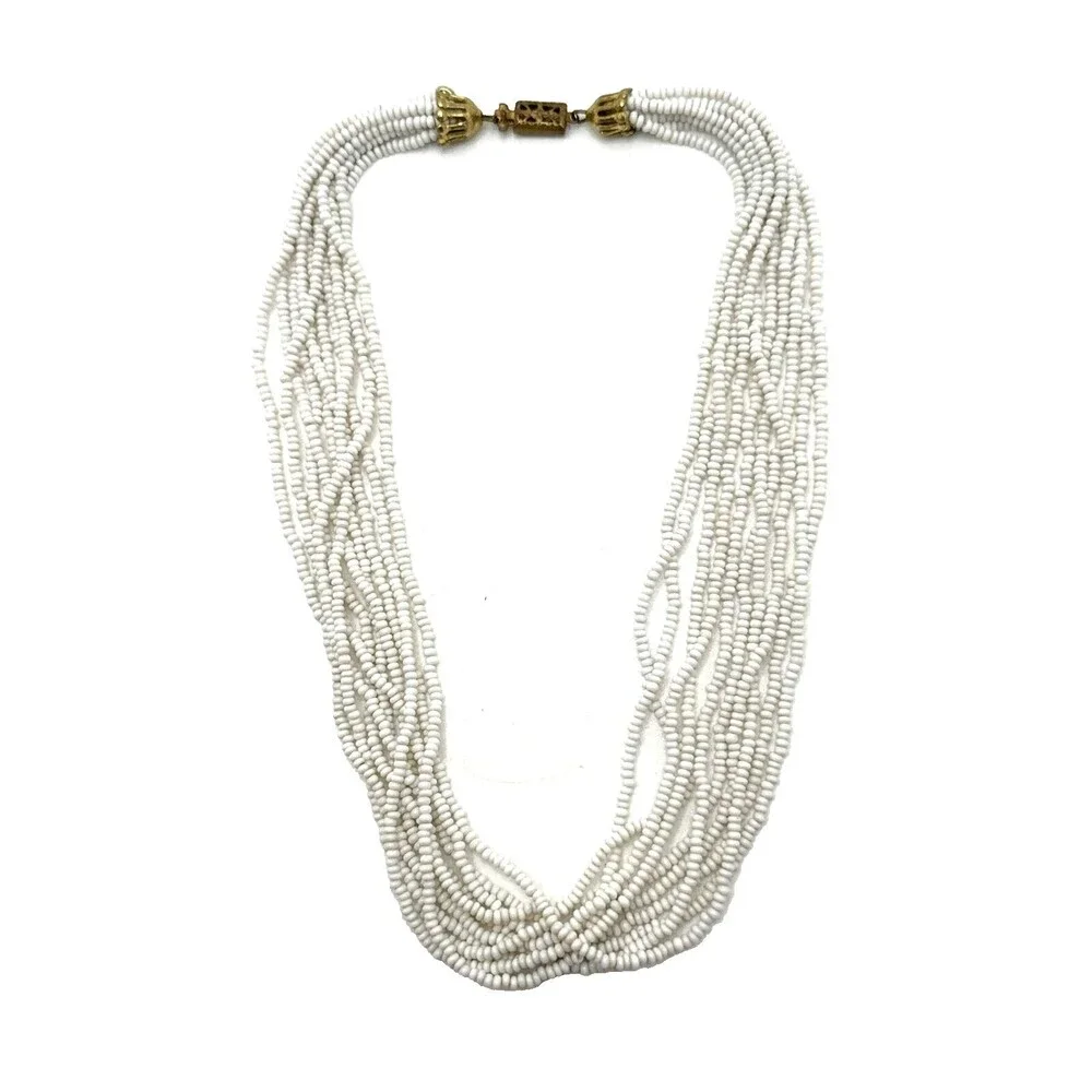 Vintage White Seed Bead Choker Necklace Multi Strand Statement Box Clasp 16